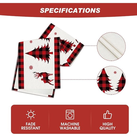 72'' Red Black Buffalo Plaid Christmas Deer Trees Snowflakes Table Runner - Picture 5 of 8